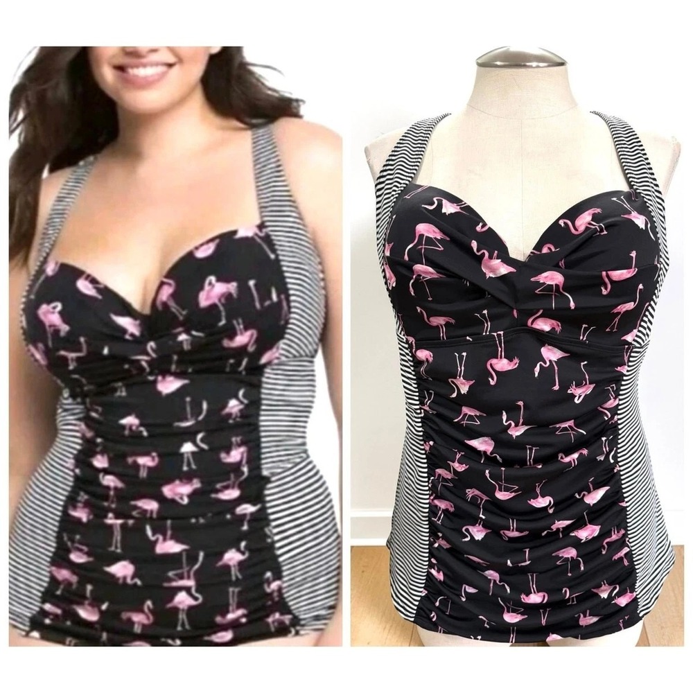 Torrid Flamingo Tankini Swim  2 Piece Size 2 Underwire Black Pink Stripe 18/20